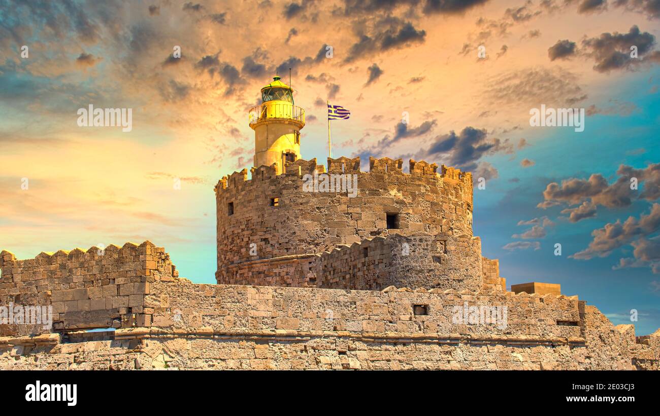 The Fort Of St Nicholas And Lighthouse In Mandaki Harbor At Rhodes Town Greece Image554725004
