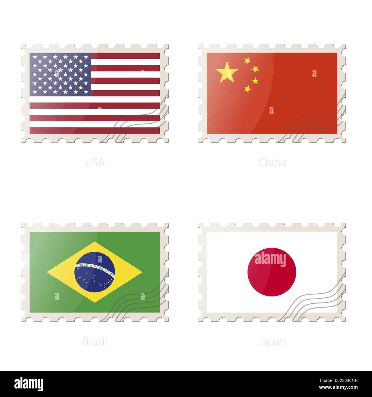 Postage stamp with the image of USA, China, Brazil, Japan flag. Vector Illustration. Stock Vector