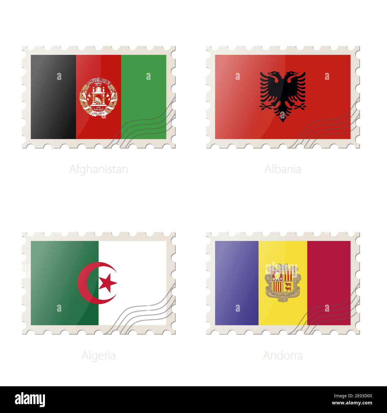 Postage stamp with the image of Afghanistan, Albania, Algeria, Andorra flag. Afghanistan, Albania, Algeria, Andorra Flag Postage on white background w Stock Vector