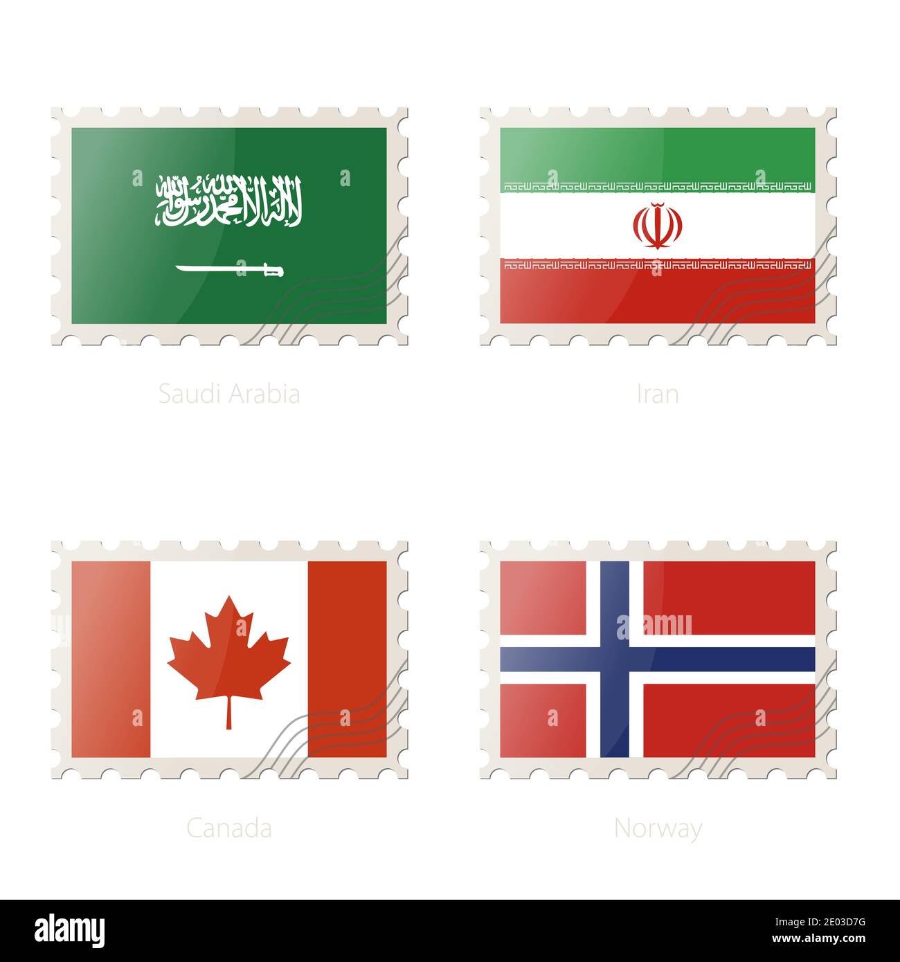 Postage stamp with the image of Saudi Arabia, Iran, Canada, Norway flag. Vector Illustration. Stock Vector