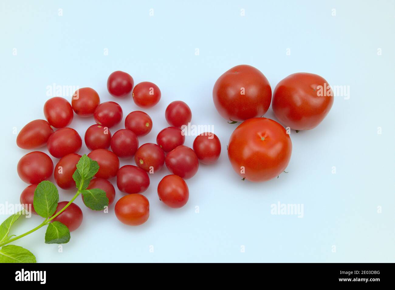 Three ripe tomatoes, pile of cherry tomatoes, and mint on blue background Stock Photo