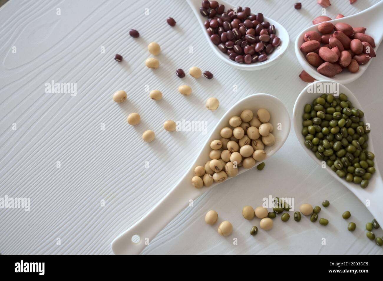Mung beans, adzuki beans, soybeans, peanuts. Collection set of beans