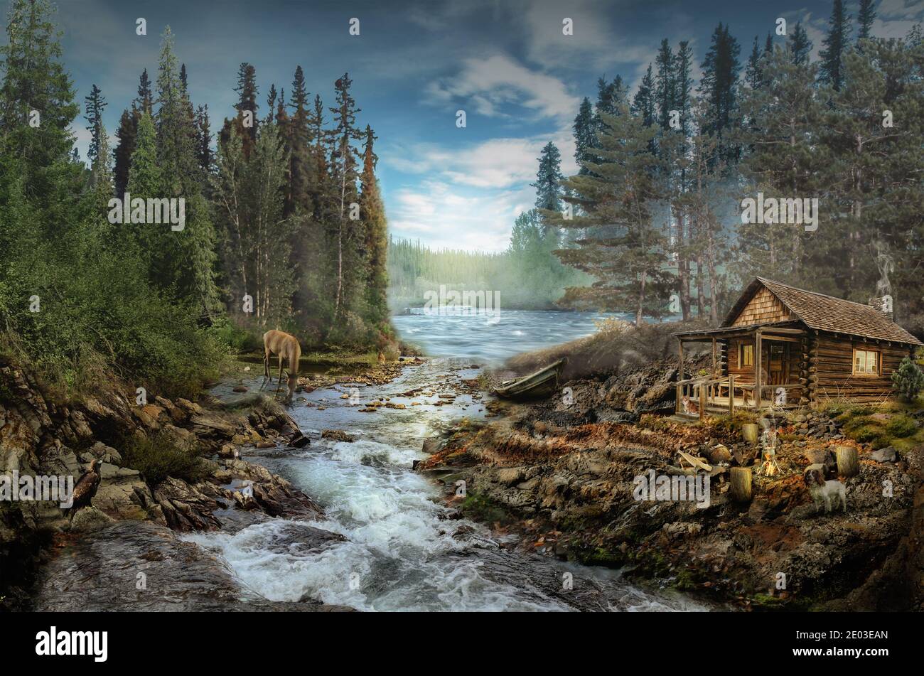 Forester's Cabin by the river in the forest (illustration of a ...