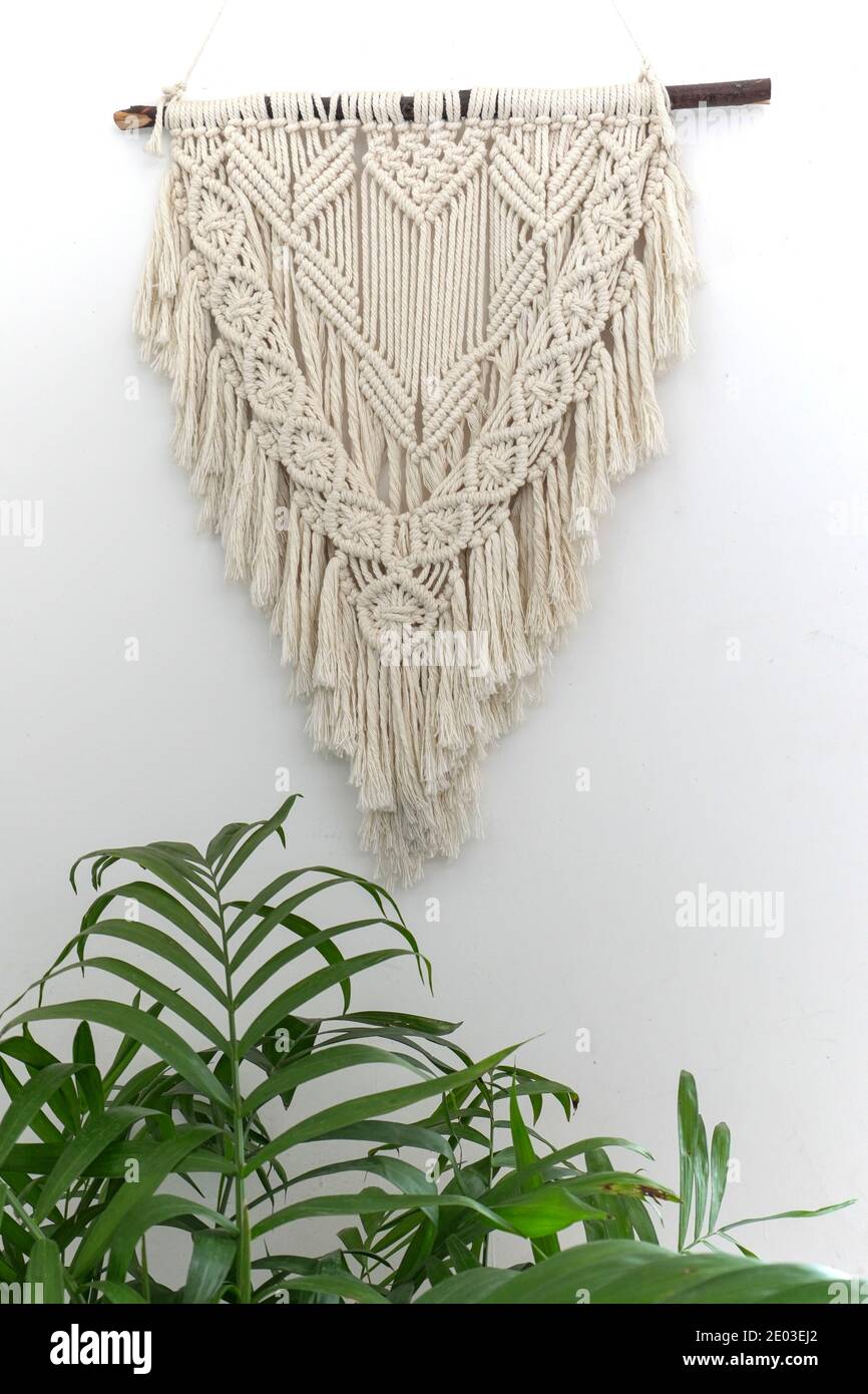 Green plant, knitted tapestries hanging on wall, bohemian interior decoration Stock Photo