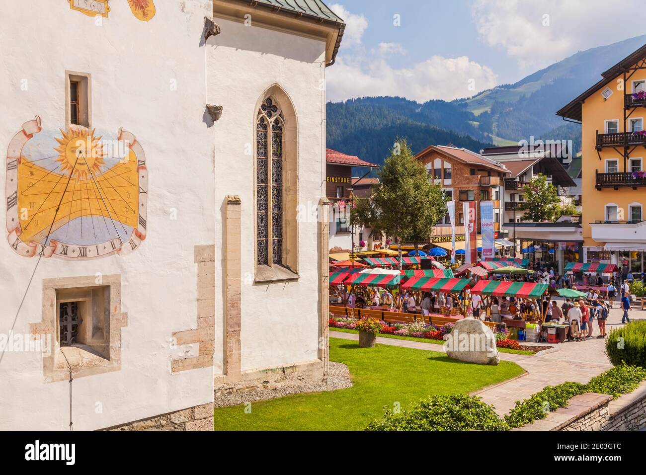 St. Oswald church of pilgrimage and the farmer's market in Seefeld in Tirol, Tyrol, Austria Stock Photo