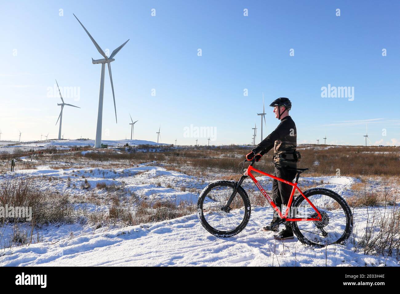 Whitelee Windfarm, Eaglesham Moor, near Glasgow, UK. After a heavy overnight snowfall, many people took to the access roads about Whitelee Windfarm, the largest in Europe, to get some exercise and still maintain safe social distancing. Whitelee is on the south side of Glasgow city on the edge of Eaglesham Moor and is the site for 215 wind turbines. Credit: Findlay/Alamy Live News Stock Photo