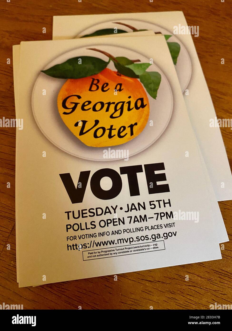 Postcards to Georgia voters encouraging them to vote in the Tuesday, January 5th Senate run-off election for Jon Ossoff and Rev. Warnock. Stock Photo
