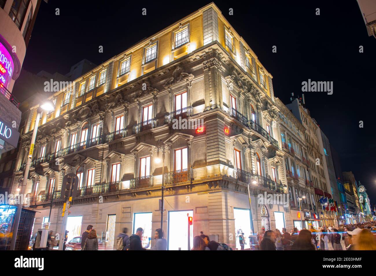 Historic buildings on Avenida Francisco Madero at Calle de Simon Bolivar Street at night, Mexico City CDMX, Mexico. Stock Photo