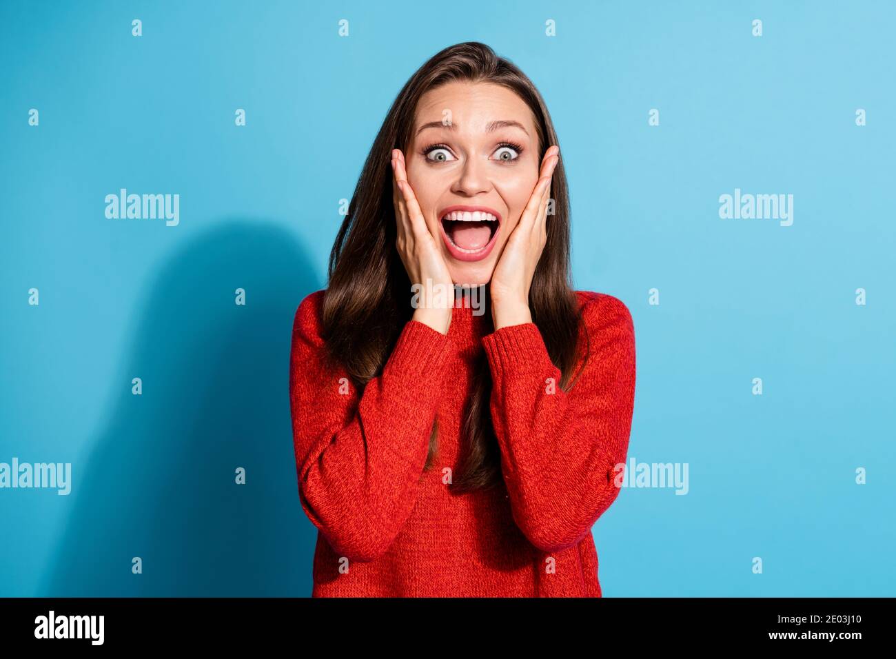 Photo of astonished crazy girl incredible novelty enjoy touch hands ...