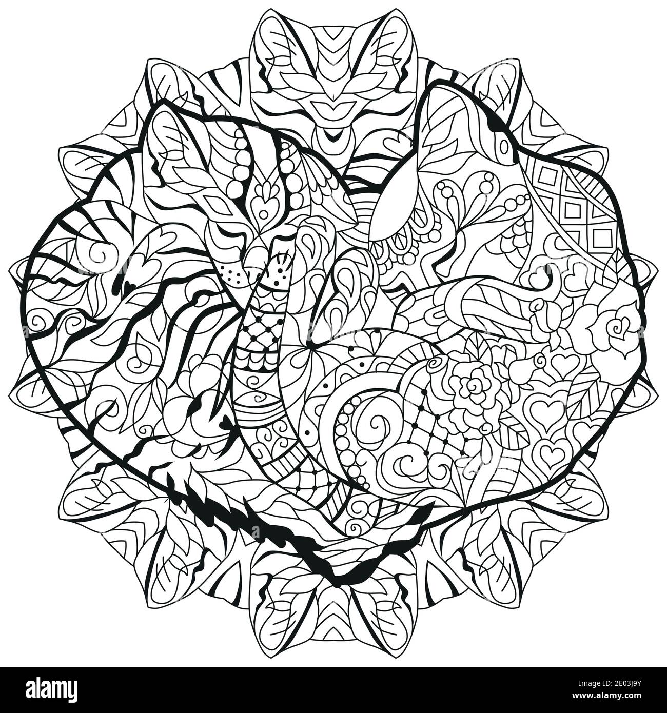 Cute two cats sleeping in shape of heart. For t-shirt design, adult coloring book, coloring page and print on other things Stock Vector
