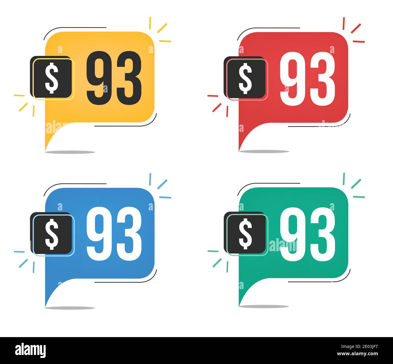 93 dollar price. Yellow, red, blue and green currency tags with speech balloon concept vector. Stock Vector
