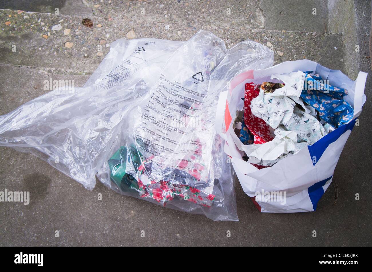 The sorted waste, used Christmas gift wrapping, bag, bag, paper, plastic, in Pruhonice, Czech Republic, December 25, 2020. (CTK Photo/Libor Sojka) Stock Photo