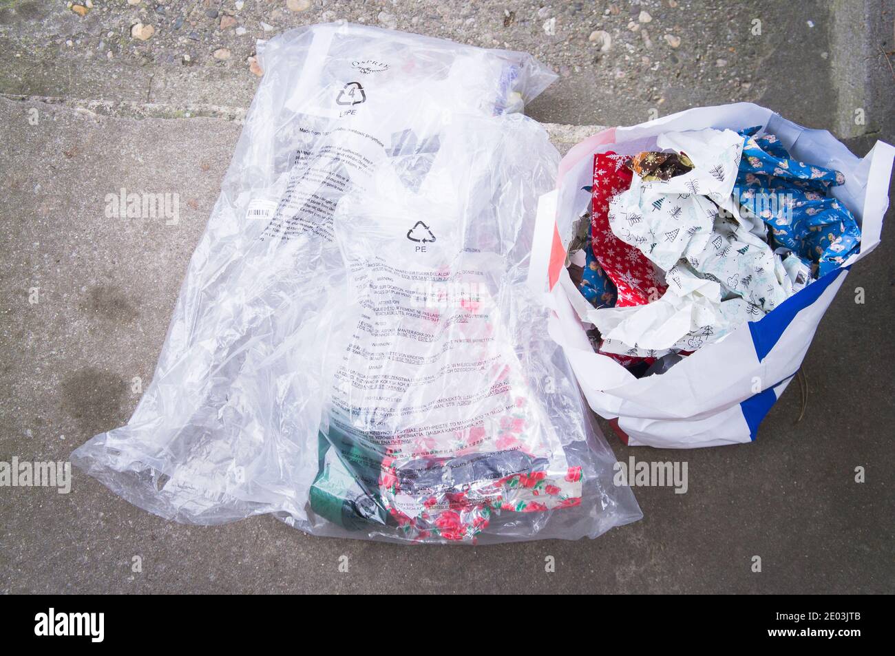 The sorted waste, used Christmas gift wrapping, bag, bag, paper, plastic, in Pruhonice, Czech Republic, December 25, 2020. (CTK Photo/Libor Sojka) Stock Photo