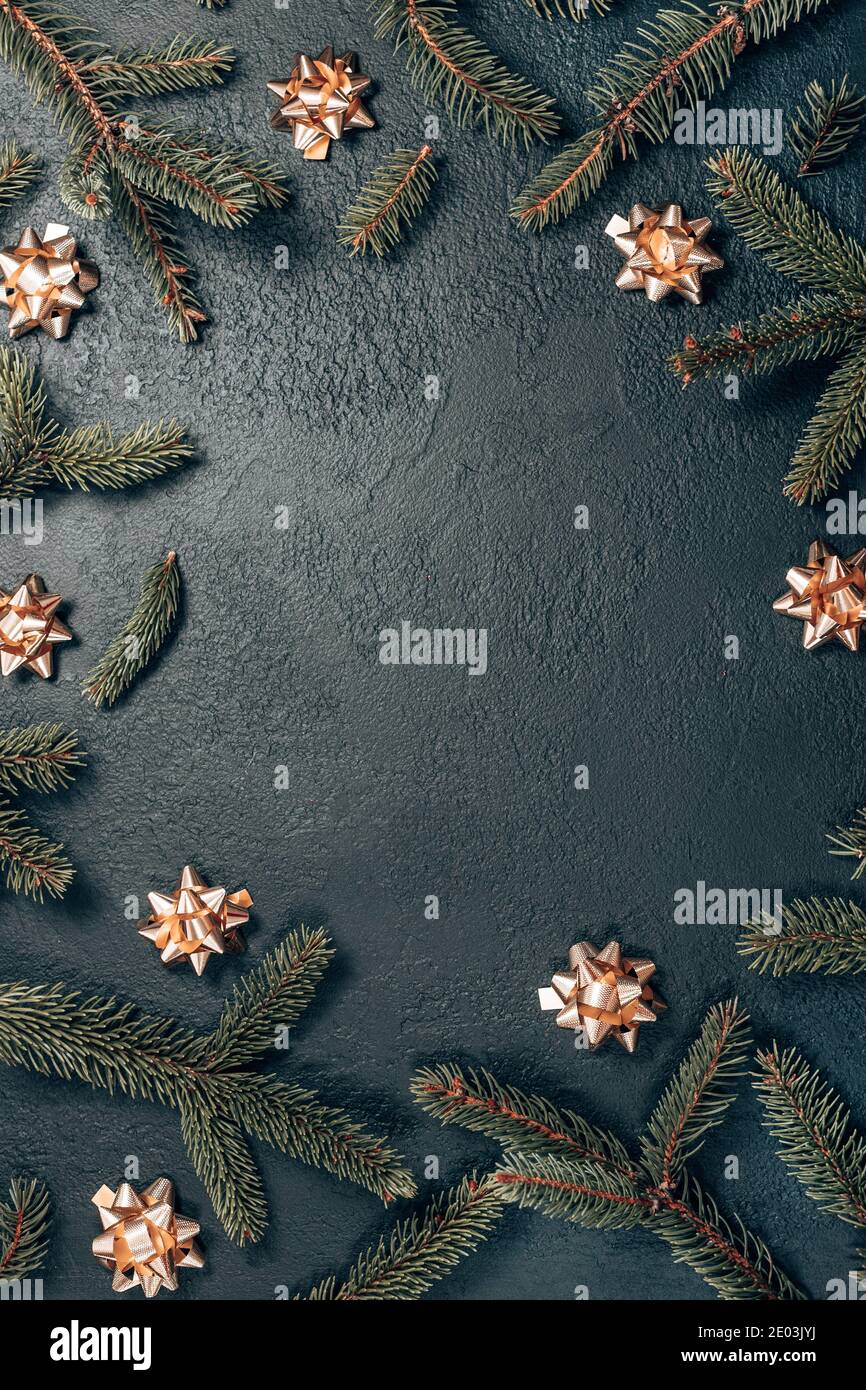 Creative frame made of Christmas fir branches, gold bow on a dark green ...