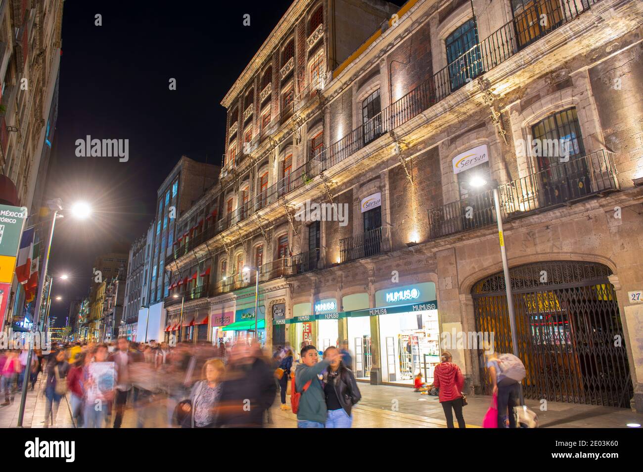 Historic buildings on Avenida Francisco Madero at Calle de Simon Bolivar Street at night, Mexico City CDMX, Mexico. Stock Photo