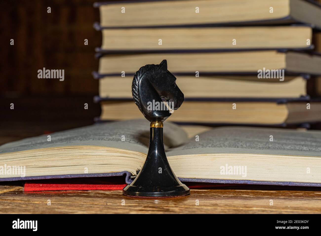 Chess piece black knight on the background of an open book. Stock Photo