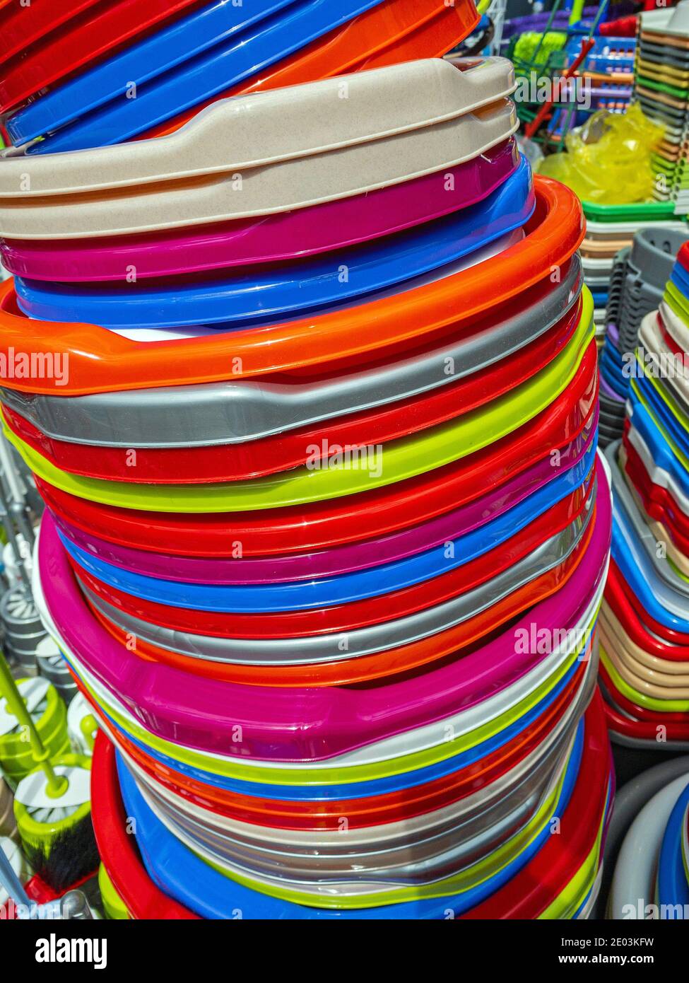 Stack of Colourful Plastic Buckets for Sale Stock Photo Alamy