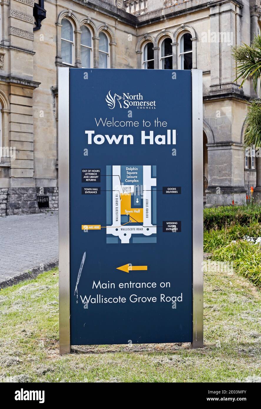 A sign giving directions to the various entrances to the town hall in Weston-super-Mare, UK Stock Photo