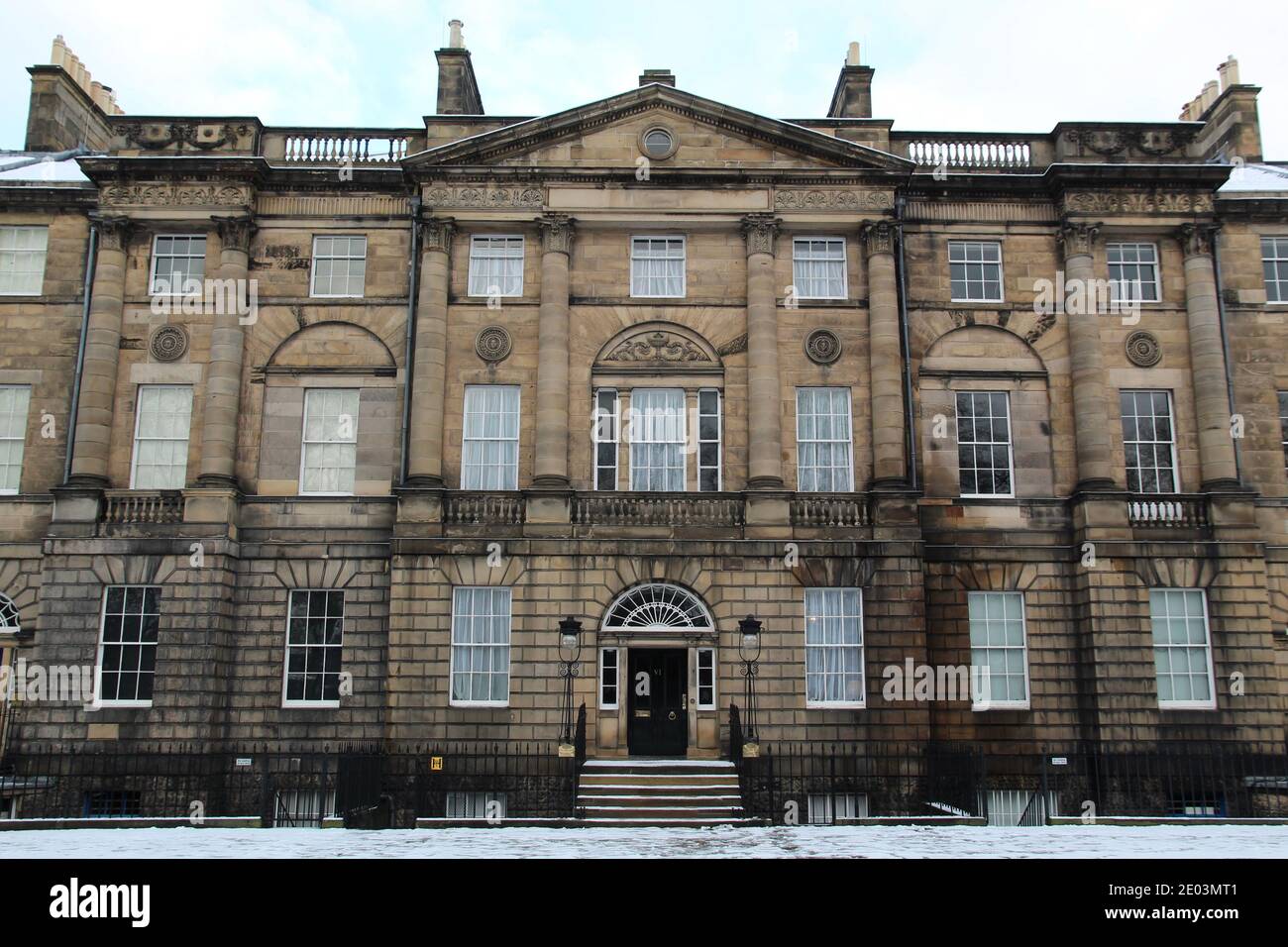 Facade of Official Home of the Scottish First Minister Bute House on a Winter Day With Snow on the Pavement Stock Photo