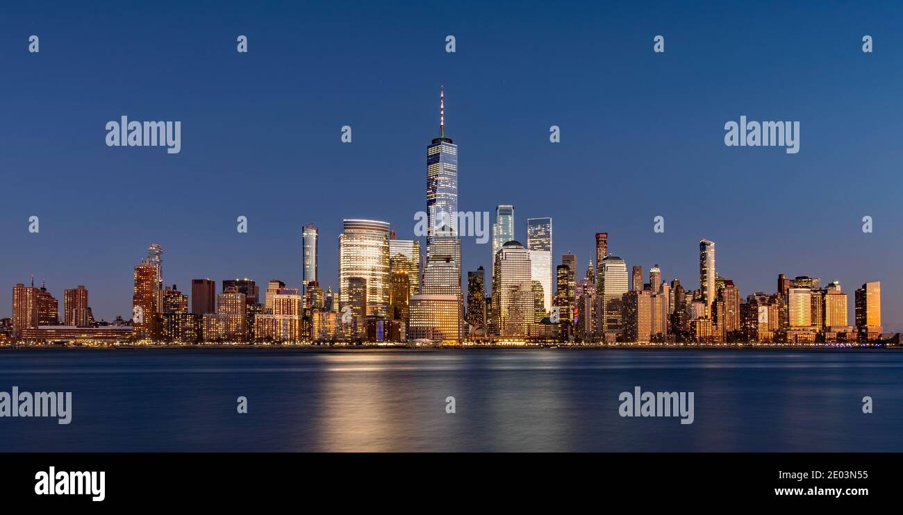 The skyline view of New York City and the Freedom tower as seen from New Jersey across the Hudson River. Stock Photo