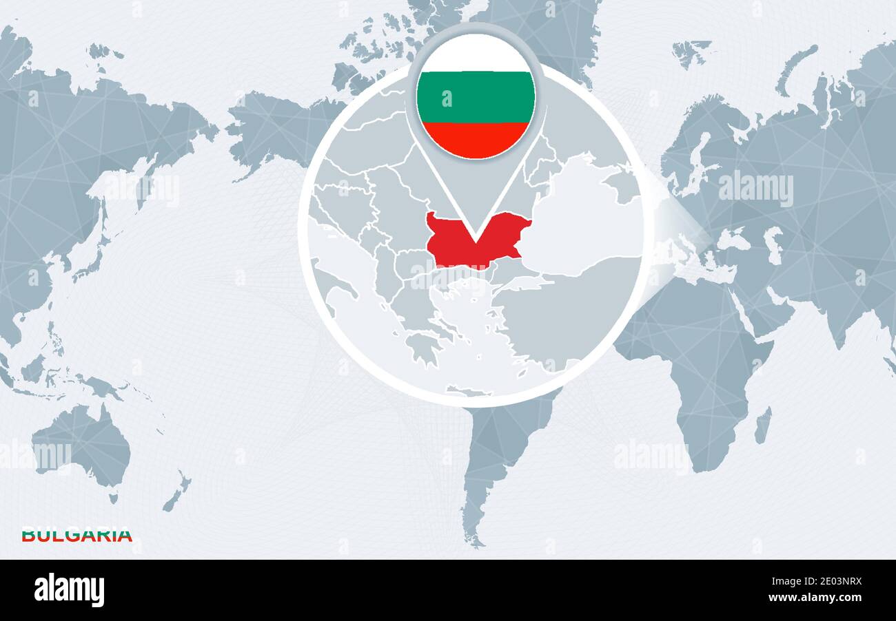 World Map Showing Bulgaria World Map Centered On America With Magnified Bulgaria Blue Flag And Map Of Bulgaria Abstract Vector Illustration 2E03NRX 