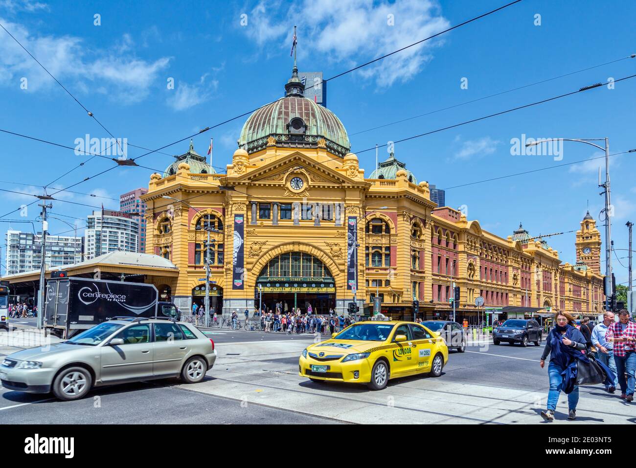 Flinders Street railway station, at the intersection of Flinders and Swanston streets, Melbourne, Victoria, Australia.   A railway station has existed Stock Photo