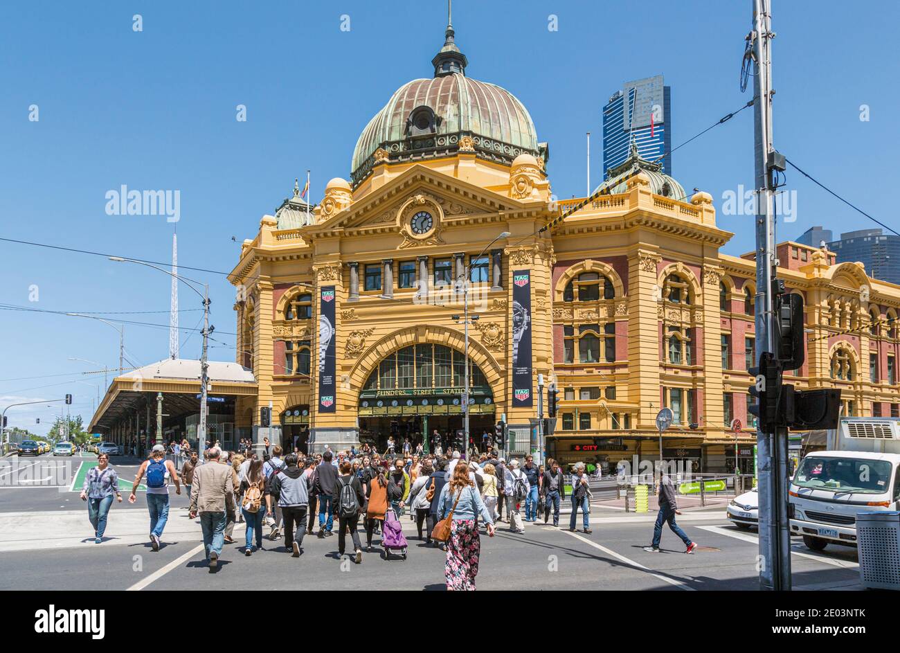 Flinders Street railway station, at the intersection of Flinders and Swanston streets,  Melbourne, Victoria, Australia.   A railway station has existe Stock Photo