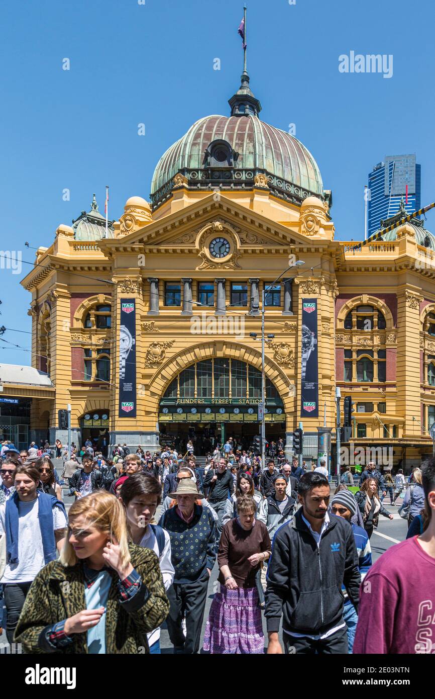 Flinders Street railway station, at the intersection of Flinders and Swanston streets,  Melbourne, Victoria, Australia.   A railway station has existe Stock Photo