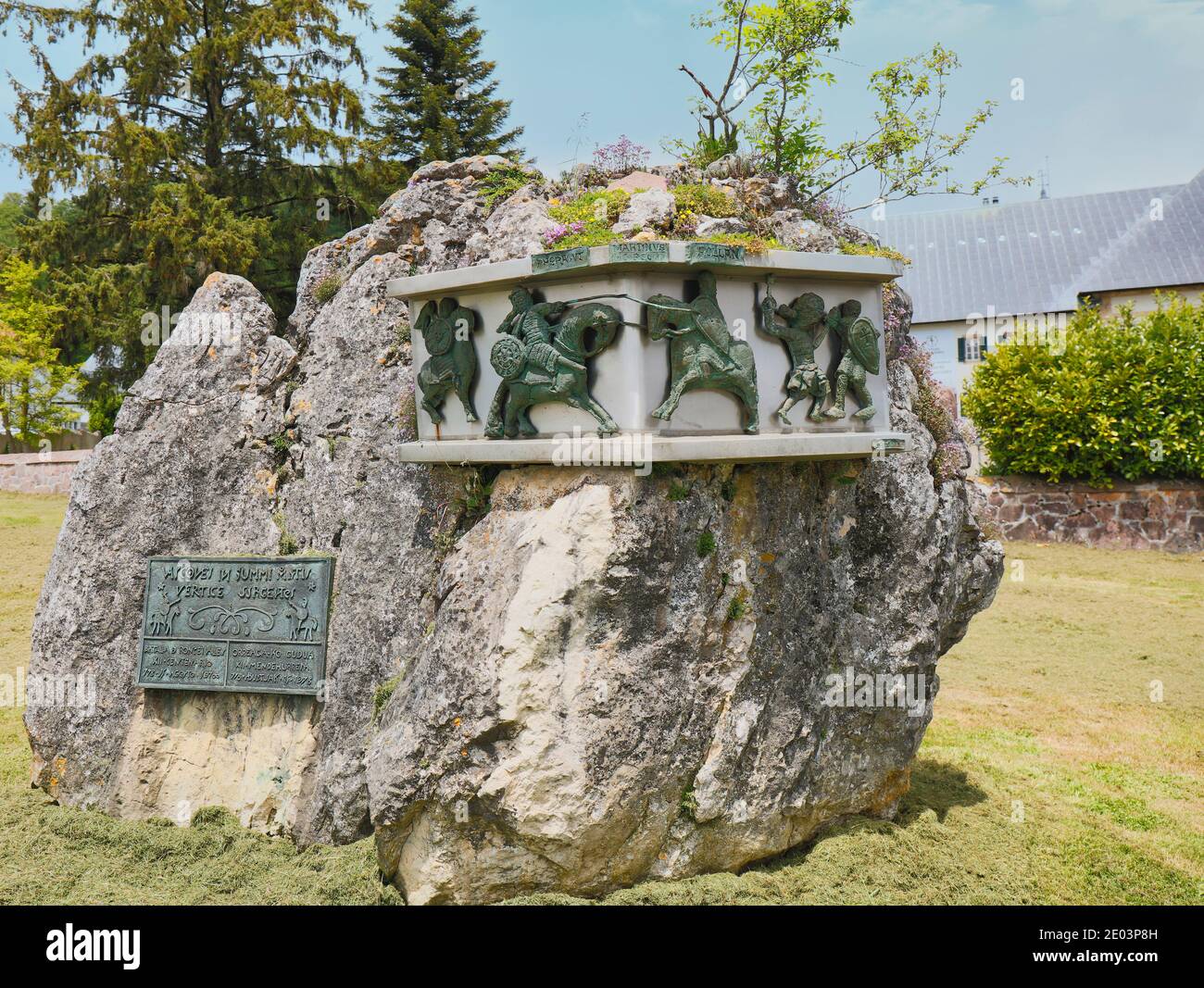 Monument recalling the Battle of Roncevaux Pass in 778.  Roncesvalles, Navarre, Spain.  The story of the battle is told in the 11th century work The S Stock Photo