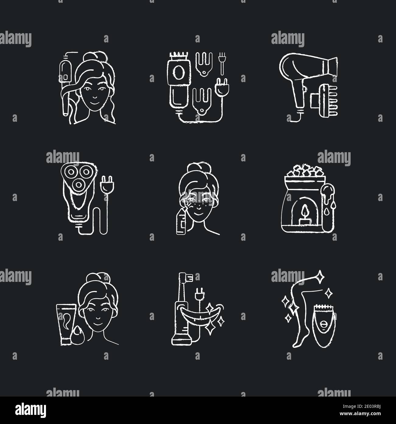 Skincare routine chalk white icons set on black background Stock Vector ...