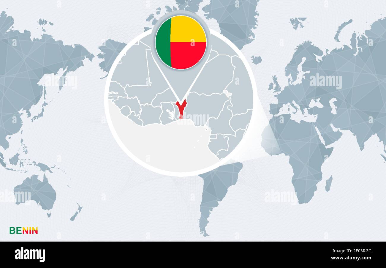 World Map Centered On America With Magnified Benin Blue Flag And Map World Map Centered On America With Magnified Benin Blue Flag And Map Of Benin Abstract Vector Illustration 2E03RGC