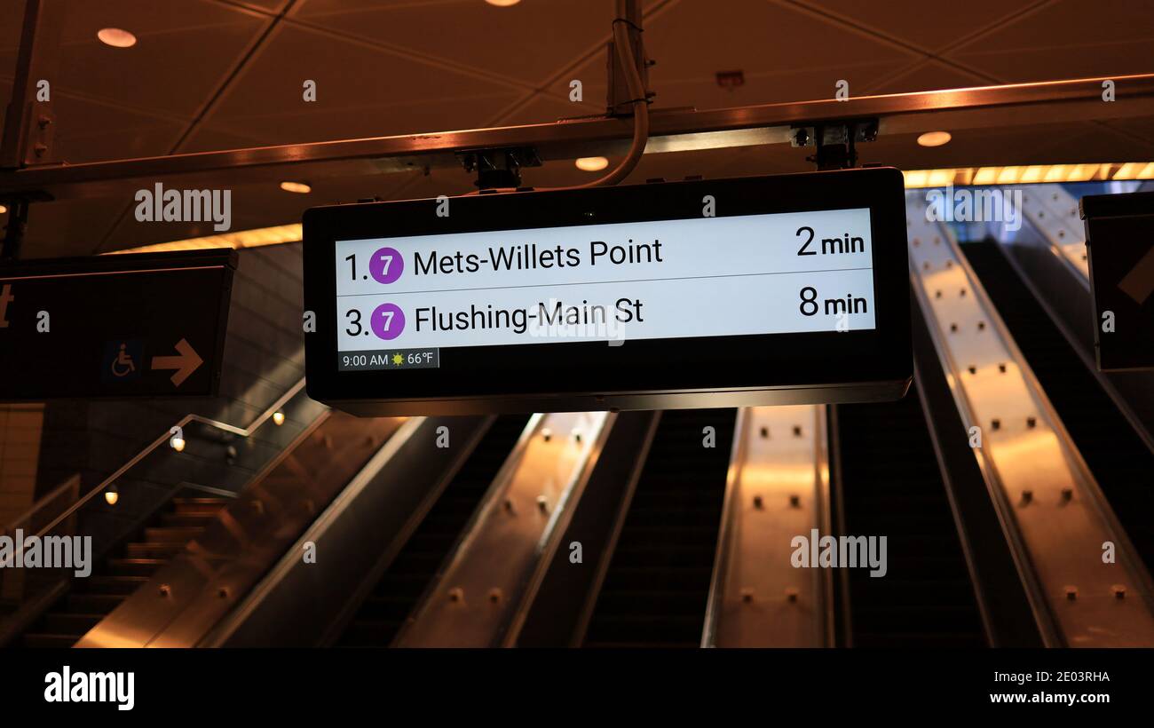 New York, NY, USA - Dec 29, 2020: Well lit electronic subway departure times at Hudson Yards station Stock Photo