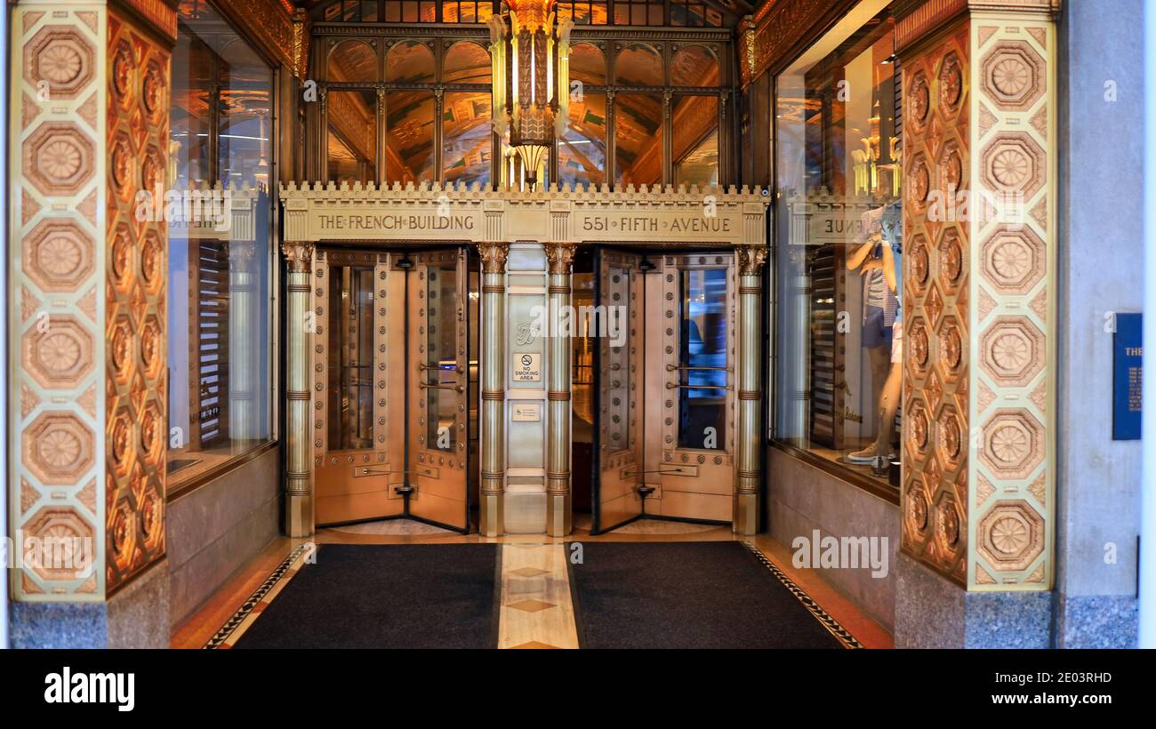 New York, NY, USA - Dec 29, 2020: Spectacular entrance to the French Building on Fifth Avenue Stock Photo