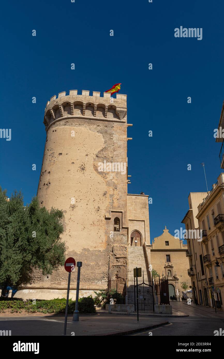 Valencia, Spain. October 11, 2020: South part of the Quart or Cuarte towers, and Guillem de Castro street. Stock Photo