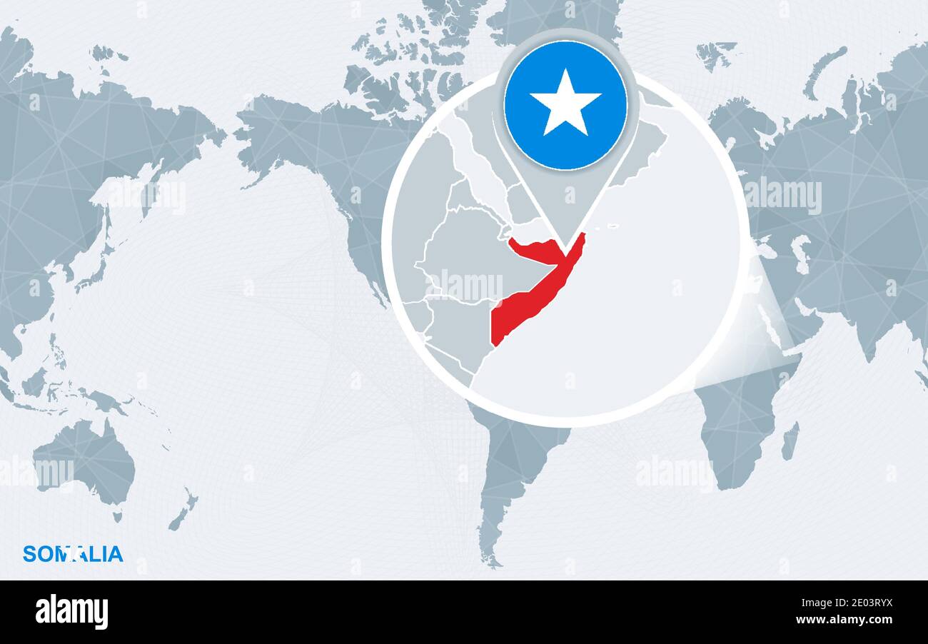 World map centered on America with magnified Somalia. Blue flag and map ...