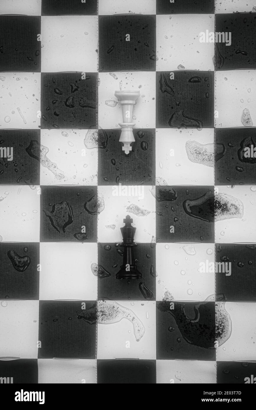 Directly above of opposing kings on wet black and white chess board. Concept of, choice and decisions Stock Photo