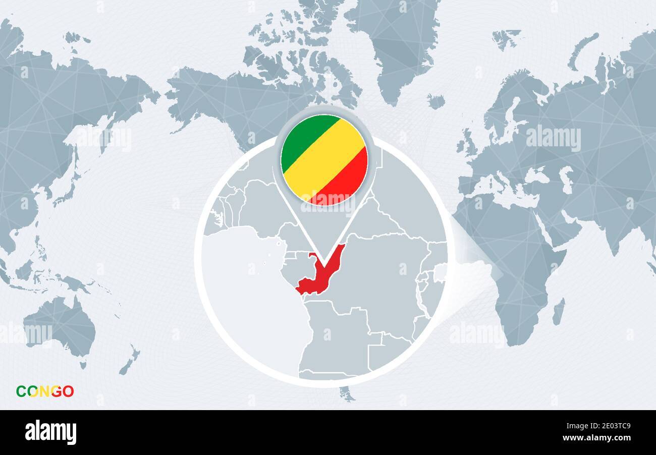 World map centered on America with magnified Congo. Blue flag and map ...