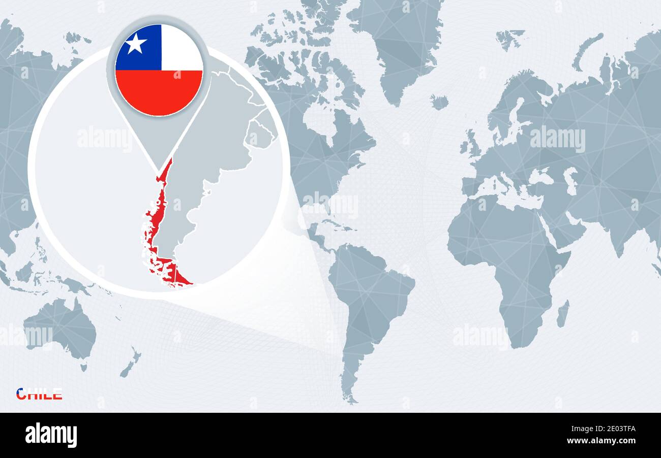 World Map Centered On America With Magnified Chile Blue Flag And Map World Map Centered On America With Magnified Chile Blue Flag And Map Of Chile Abstract Vector Illustration 2E03TFA 