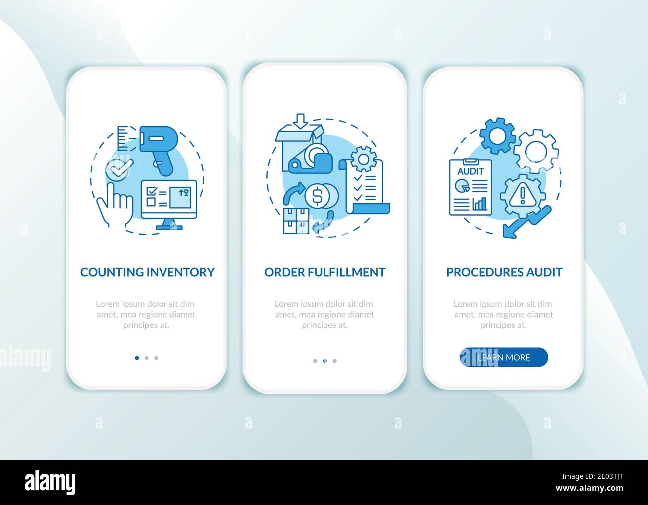 Warehouse procedures blue onboarding mobile app page screen with concepts Stock Vector