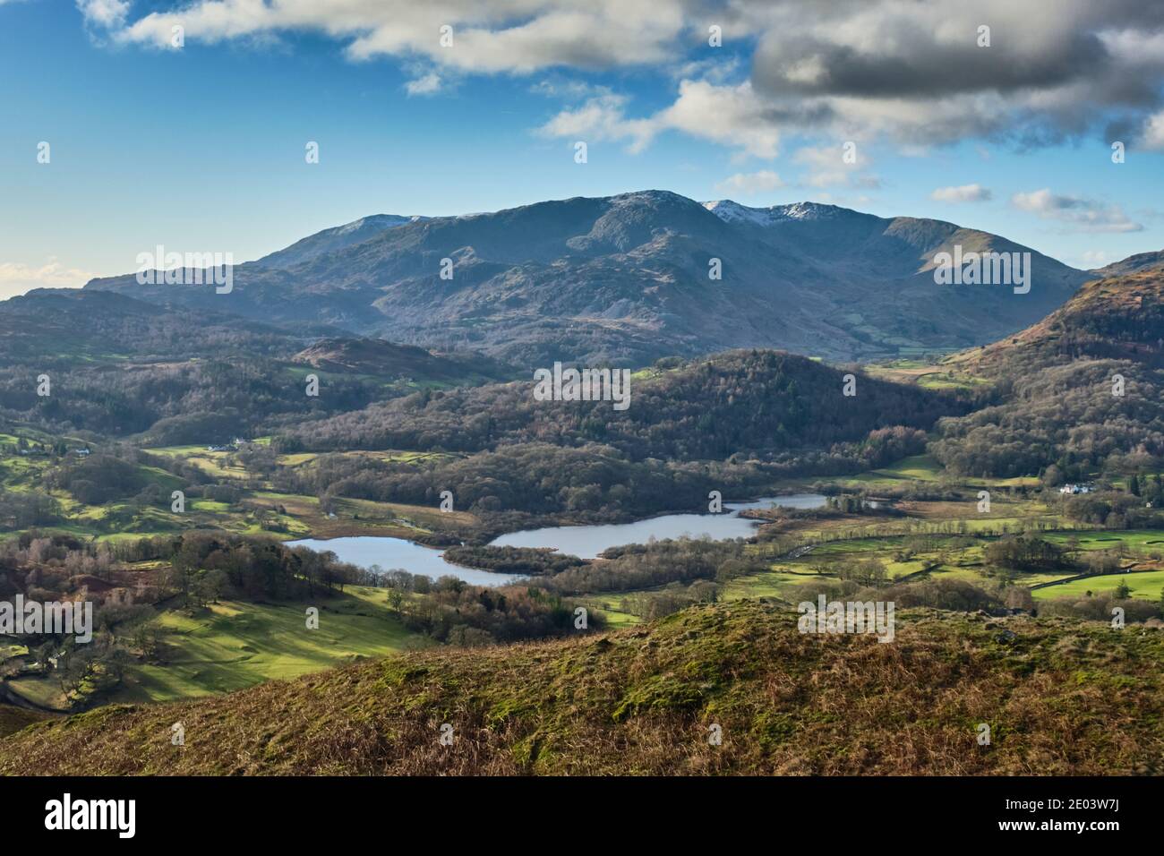 Elter Water and Wetherlam seen from Loughrigg Fell, Grasmere, Lake District, Cumbria Stock Photo