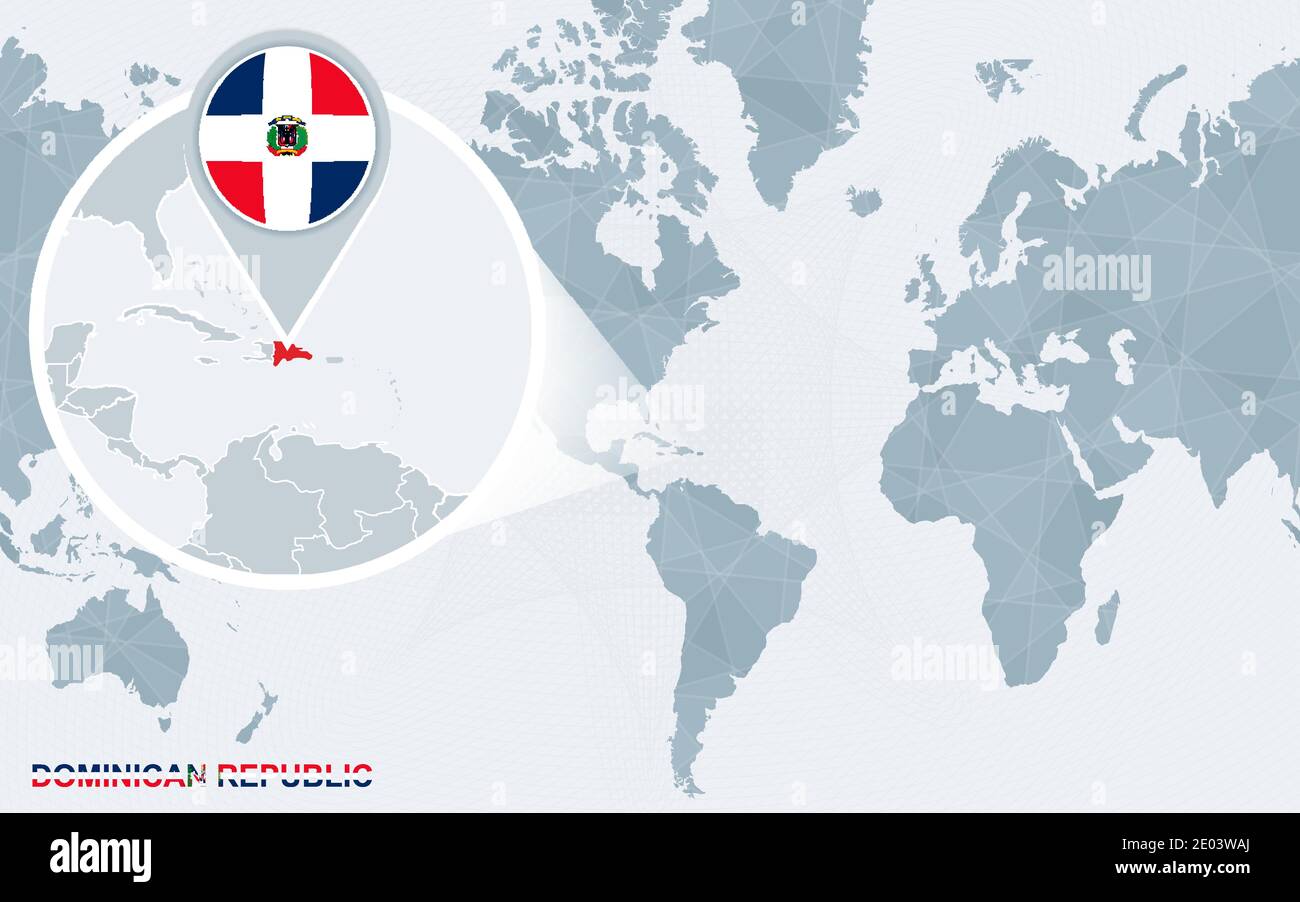World Map Centered On America With Magnified Dominican Republic Blue World Map Centered On America With Magnified Dominican Republic Blue Flag And Map Of Dominican Republic Abstract Vector Illustration 2E03WAJ 