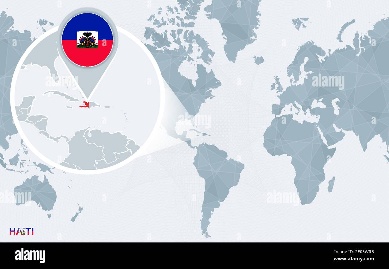 World Map Centered On America With Magnified Haiti Blue Flag And Map World Map Centered On America With Magnified Haiti Blue Flag And Map Of Haiti Abstract Vector Illustration 2E03WRB