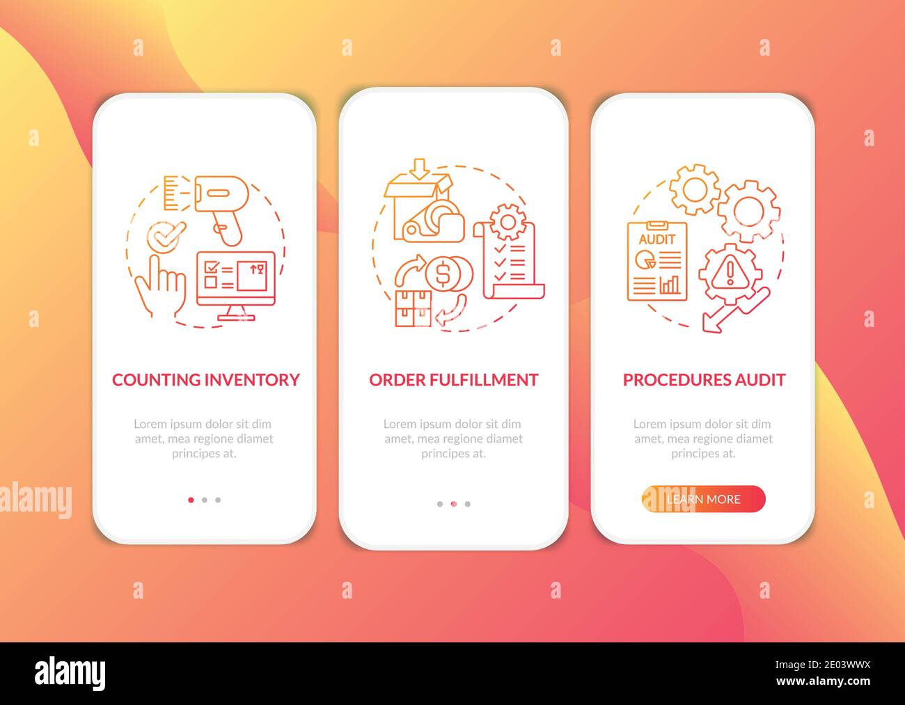 Warehouse procedures red onboarding mobile app page screen with concepts Stock Vector
