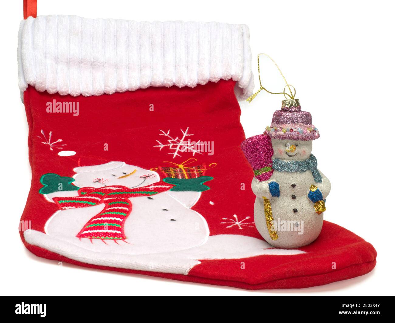 Christmas Decoration with woolen boot and snowman Stock Photo