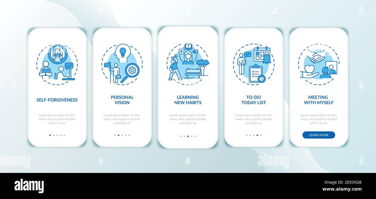 Beating procrastination methods onboarding mobile app page screen with concepts Stock Vector