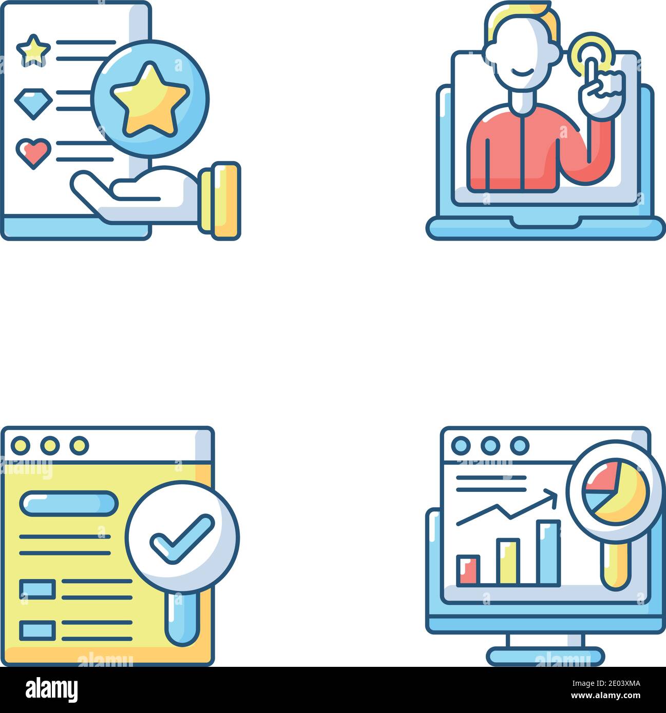 Web analytics and management RGB color icons set Stock Vector