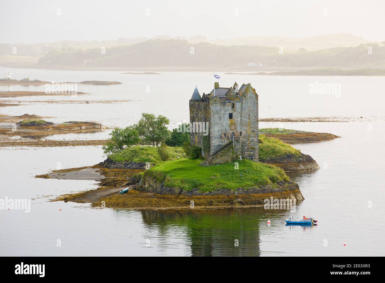 Stalker Castle, a four storey tower house or keep picturesquely set on a tidal islet on Loch Laich, Port Appin, Argyll, Scotland. Stock Photo