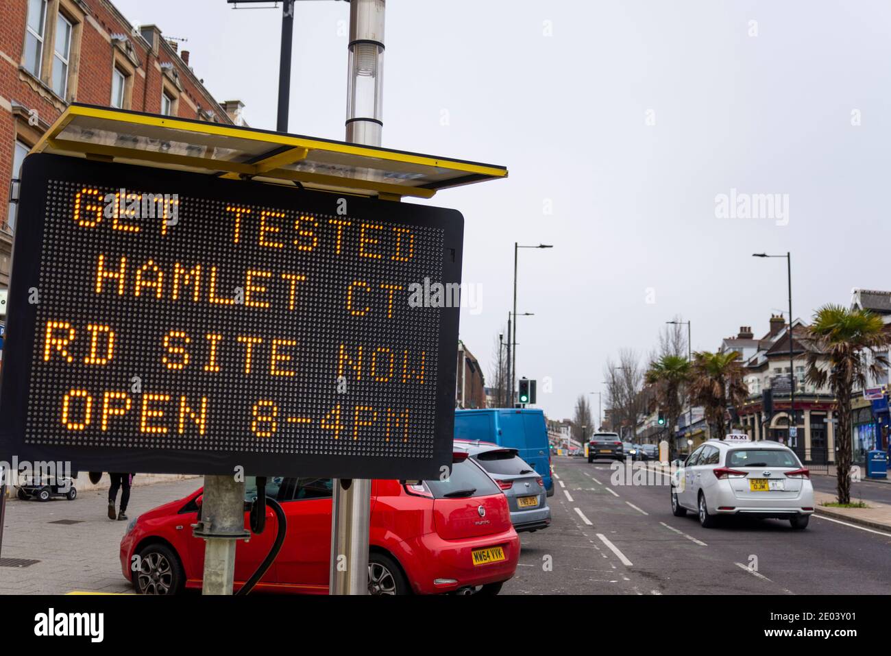 Matrix sign in Hamlet Court Road, Westcliff on Sea, Southend on Sea, Essex, UK, asking people to get COVID 19 tested at the test site. Opening hours Stock Photo