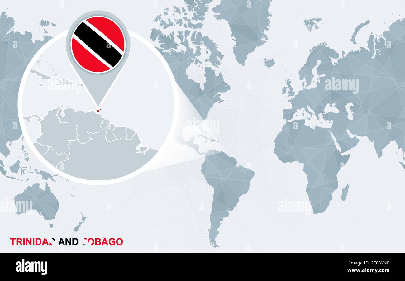 World Map Centered On America With Magnified Trinidad And Tobago Blue World Map Centered On America With Magnified Trinidad And Tobago Blue Flag And Map Of Trinidad And Tobago Abstract Vector Illustration 2E03YNP