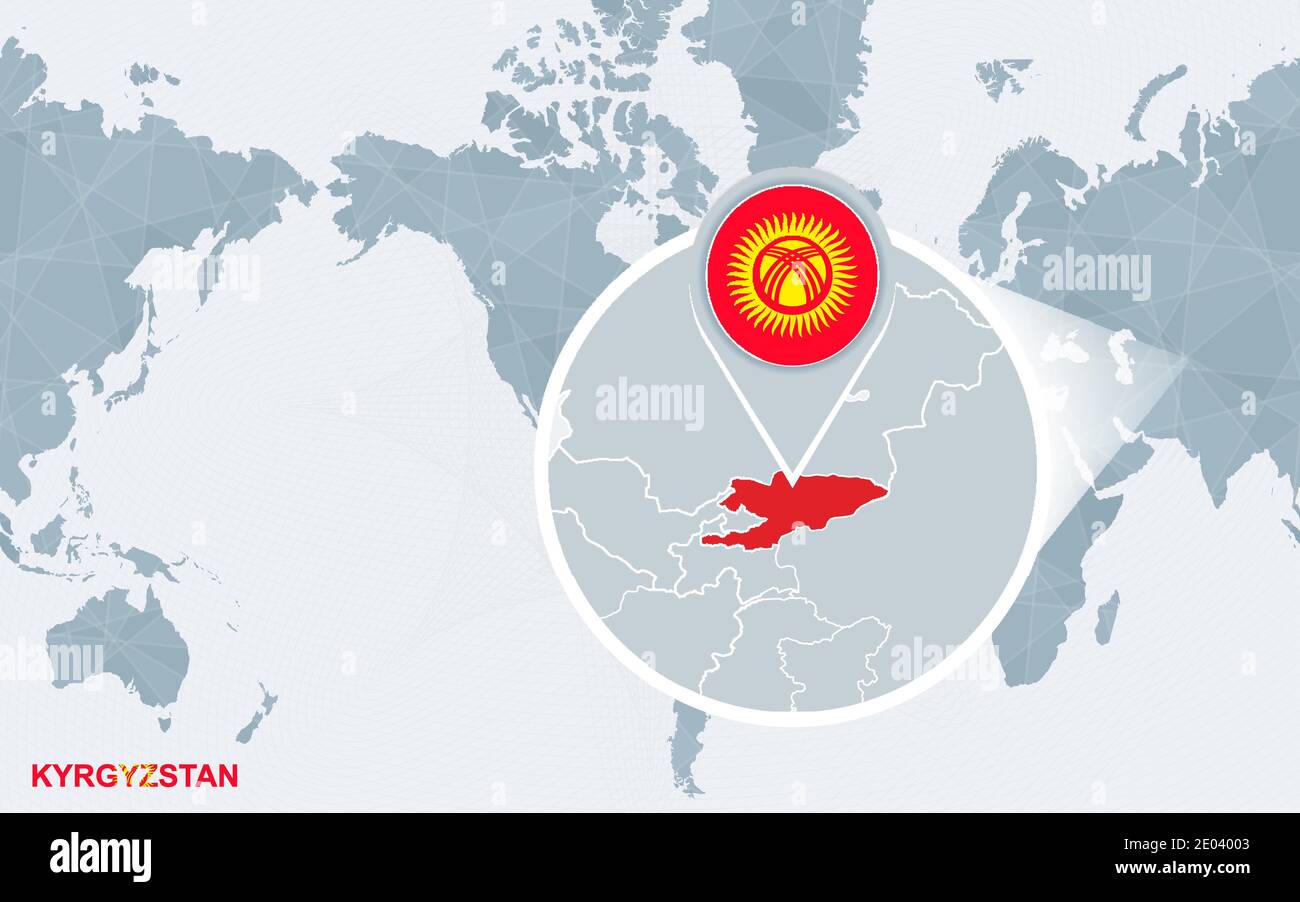 Zoom kyrgyzstan flag on map hi res - World Map Centered On America With Magnified Kyrgyzstan Blue Flag And Map Of Kyrgyzstan Abstract Vector Illustration 2E04003